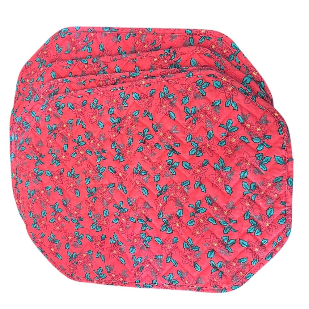 Set of 4‎ Quilted Poinsettia Christmas Placemats Red Green Holiday Table Decor